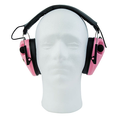 Le cuffie Caldwell E-Max Low Profile in rosa offrono protezione acustica con microfoni stereo, amplificando suoni sotto gli 85 dB e silenziando quelli più forti.