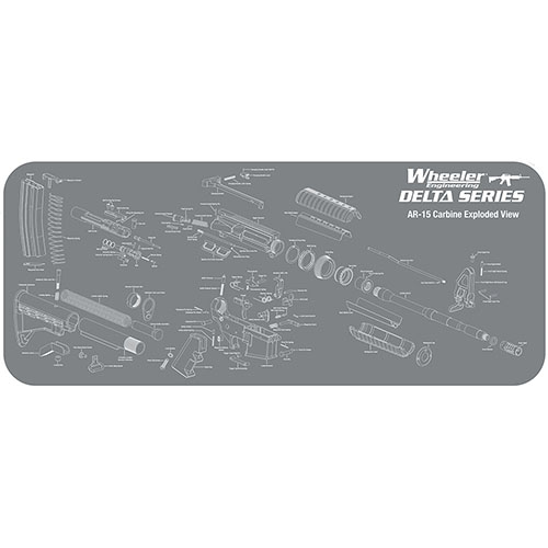 Il Wheeler Delta Series AR-15 Maintenance Mat presenta una vista esplosa stampata, superficie in neoprene imbottito, assorbe oli e solventi e si arrotola per il trasporto.