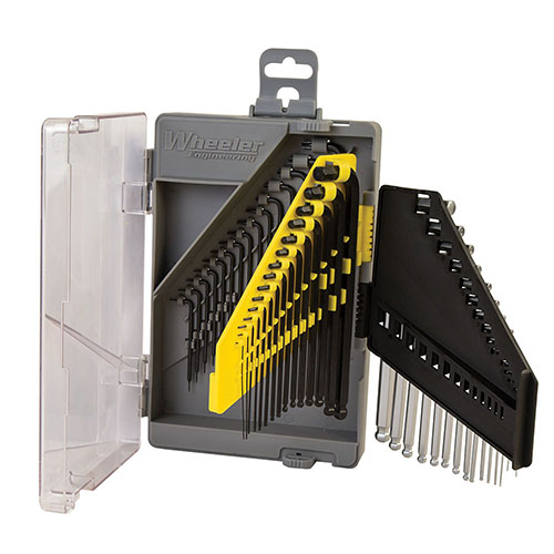 Organizza i tuoi attrezzi con il set di chiavi Wheeler da 45 pezzi: compatto, include chiavi SAE, metriche Hex e Torx, per un lavoro senza interruzioni.