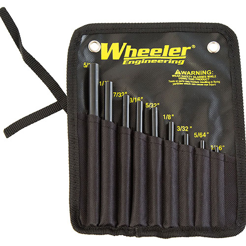 Il set di punte per roll pin Wheeler è realizzato in acciaio temprato, offre 9 misure e punte a forma emisferica per un allineamento preciso e senza danni.