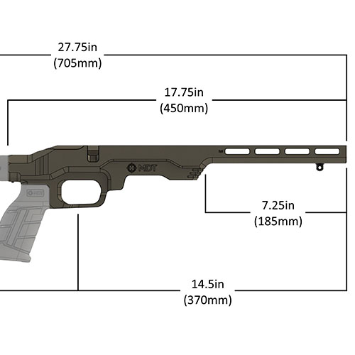 Il sistema di chassis LSS-RF Gen 2 per Tikka T1x è leggero, compatto e compatibile con M-Lok, ideale per fucili 22LR e 17 HMR, con impugnatura e calcio venduti separatamente.