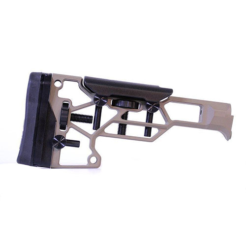 L'MDT Skeleton Rifle Stock V5 Standard offre regolazioni senza attrezzi per un comfort ottimale, con adattamenti orizzontali, verticali e di inclinazione per una vestibilità perfetta.