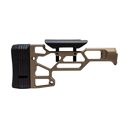 Il MDT Skeleton Rifle Stock Lite offre regolazione della lunghezza di tiro tramite spacers e un poggiaguancia regolabile, compatibile con TAC21, LSS-XL e HS3.