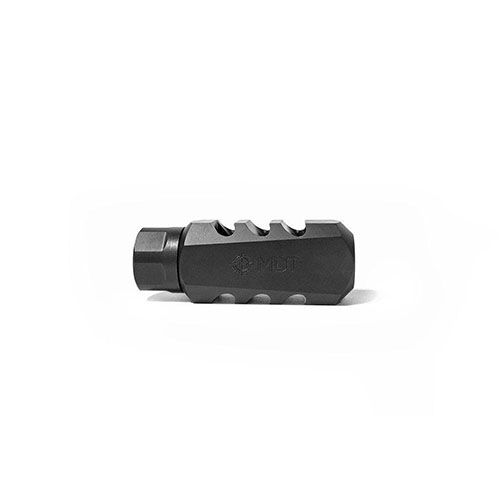 Il MDT Elite Muzzle Brake riduce il rinculo fino al 66%, migliorando la velocità e l'accuratezza dei colpi, con un design aerodinamico e una finitura in nitruro.
