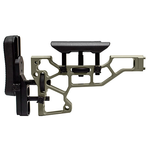 L'MDT Skeleton Rifle Stock offre regolazioni senza attrezzi per un comfort ottimale, con opzioni orizzontali, verticali e di inclinazione per una vestibilità perfetta.