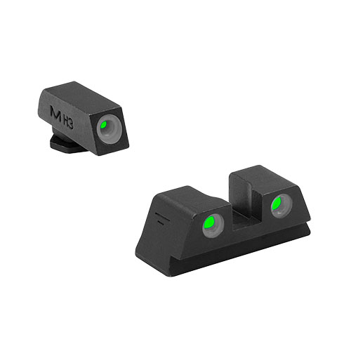 Le MEPRO Tru-Dot Fixed Sights offrono visibilità ottimale con punti bianchi di giorno e illuminazione verde tritio di notte, senza bisogno di batterie.