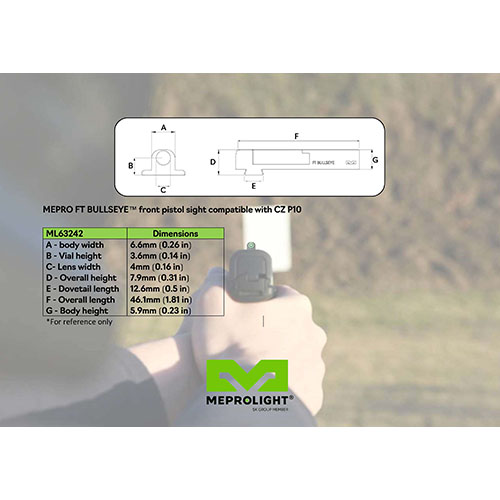 Il Mepro FT Bullseye™ offre una visione rapida e intuitiva, con tritium e fibra ottica per condizioni di luce variabile, ideale per pistole come Glock e Springfield.