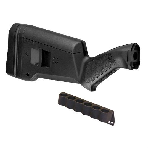 Il buttstock SGA per Remington 870 offre ergonomia migliorata, lunghezza di tiro personalizzabile e un portascoppi da 6 colpi per ricariche rapide e sicure.