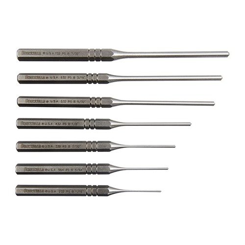 I PREMIUM ROLL PIN PUNCHES di Brownells offrono punte sferiche per un allineamento preciso e acciaio carbonio indurito per una lunga durata e affidabilità.