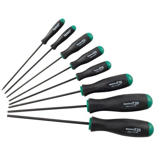 Il set di driver TORX® Brownells offre 8 pezzi con manici ergonomici, punte in acciaio trattato e una gamma di misure popolari per lavori di armi.