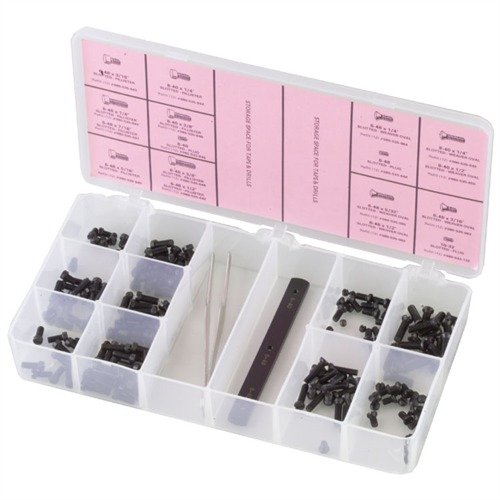 Il SIGHT BASE SCREW KIT di BROWNELLS include 216 viti di alta qualità per montare scope e mirini, con pinzette e attrezzo per accorciare le viti.