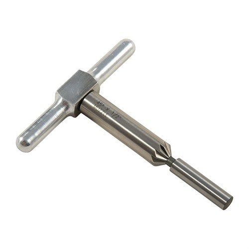 Il cutter di smussatura 45° elimina gli spigoli dei proiettili e velocizza il riempimento dei cilindri delle revolver, con manico e pilota intercambiabili.