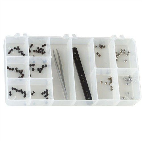 Kit di viti di chiusura per coprire fori su armi in acciaio blu e inox; include viti standard e positive stop, pinzette e jig per un facile utilizzo.