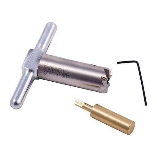 Il 90° Muzzle Facing Cutter in acciaio temprato consente di livellare e riparare i musetti, con manico in alluminio e pilot in ottone intercambiabile.