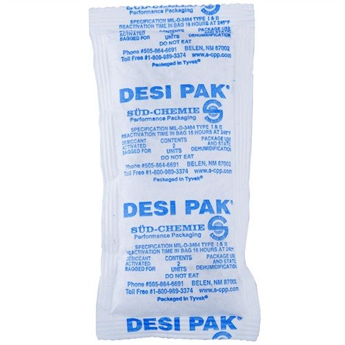 I pacchetti riutilizzabili ONE GUN DESI PAK assorbono l'umidità per proteggere le armi in custodia, sono completamente sigillati e resistenti alle forature.