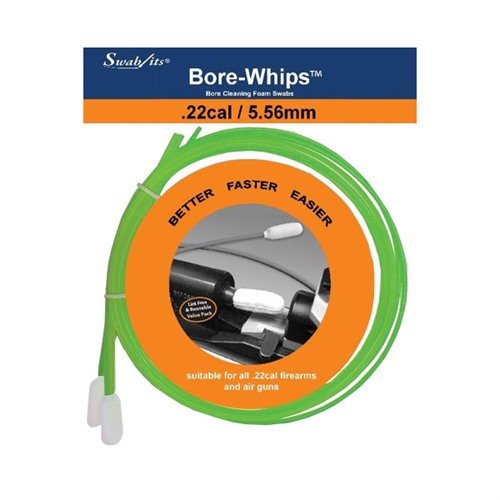 .22 cal Bore-whips™ di Swab-its offrono pulizia precisa, design pull-thru, sono lavabili, riutilizzabili e l'impugnatura funge da indicatore di camera vuota.