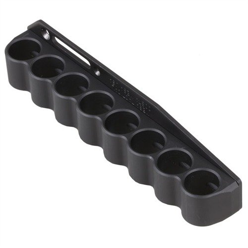 Supporto per cartucce da 8 colpi in alluminio leggero e resistente, per ricariche rapide su Remington 870/1100/11-87, con montaggio semplice e sicuro.