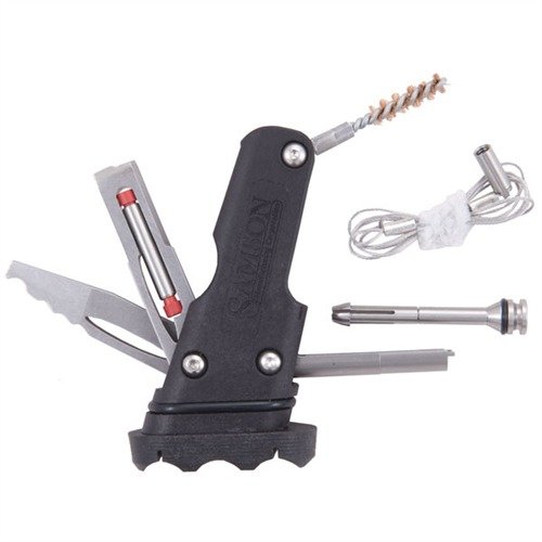 Strumento multifunzionale AR-15 A2 che si ripone nel calcio, include attrezzi per riparazioni rapide, sistema di bloccaggio e impugnatura ergonomica.