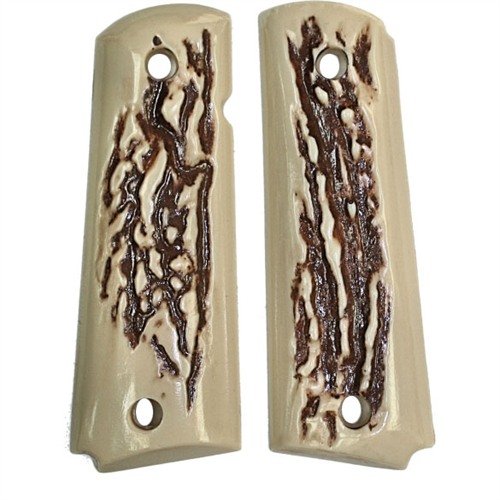 Grips 1911 'EXOTIC' in resina poliuretanica, eleganti e durevoli, simili a corna di cervo o avorio, senza scheggiature e con adattamento preciso.