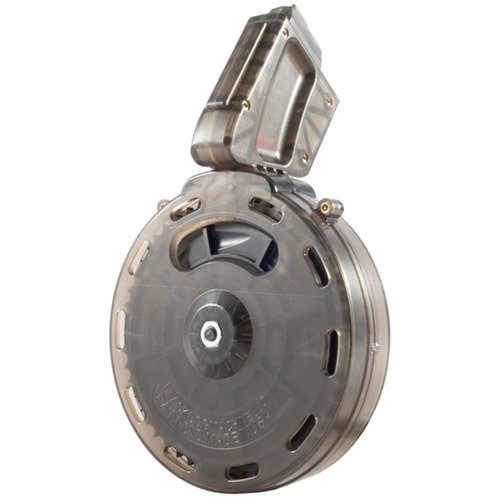 Caricatore a tamburo da 50 colpi per AR-15 in polimeri, progettato per un'alimentazione affidabile e facile da pulire, ideale per conversioni .22 LR.