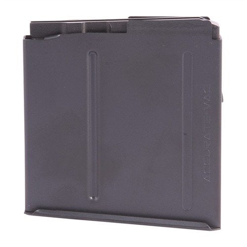 Caricatore AICS Long Action 5 colpi per .338 Lapua, in acciaio trattato, finitura Teflon nera, compatibile con diverse lunghezze di cartucce per un'alimentazione affidabile.