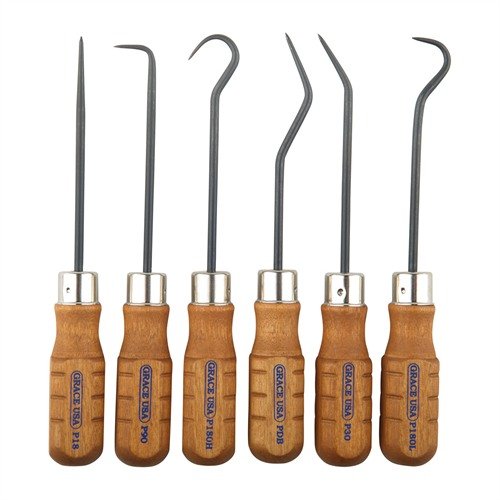 Set di 6 strumenti Hook and Pick, realizzati in acciaio legato US 8650 Chromium-Vanadium, con impugnature in legno di Maine per una durata e precisione eccezionali.