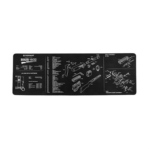Il TEKMAT LONG GUN CLEANING MAT per 10/22 offre protezione durante la pulizia, un diagramma dettagliato e un fondo in neoprene antiscivolo per stabilità.
