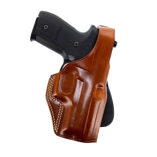 L'holster PLE Paddle di Galco offre una rapida estrazione grazie alla cinghia di ritenzione, è realizzato in premium saddle leather e si adatta a cinture fino a 1 3/4