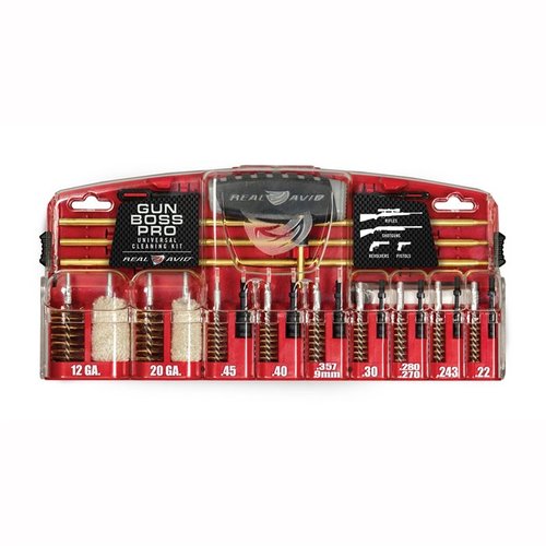 Il Kit di Pulizia Universale Gun Boss Pro di Real Avid include tutto il necessario per pulire armi in vari calibri, con un'asta di pulizia, 50 patch e un robusto case.
