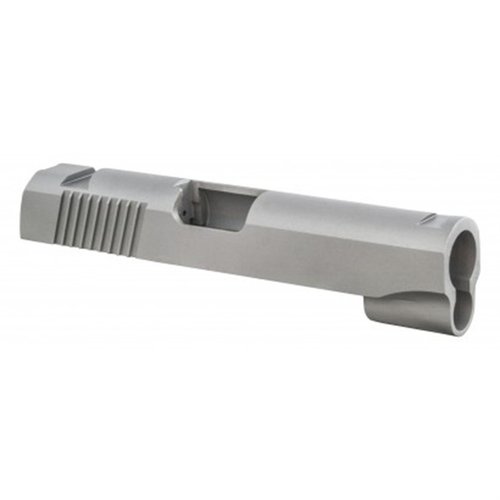 Slitta 1911 Commander, lavorata CNC in acciaio 4140, compatibile con calibri 45 ACP e 9mm/38 Super, con serrature posteriori spesse e tagli per mirini standard.