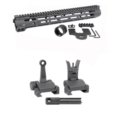 L'AR-15 Slim Line Handguard di Midwest Industries offre punti di attacco M-LOK e un rail Picatinny, abbinato a mirini Flip-Up A2 per una visibilità ottimale.