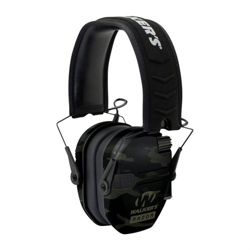 Le Walkers Razor Slim Electronic Muffs offrono protezione acustica compatta e pieghevole, con 23 dB di riduzione del suono e microfoni omnidirezionali per un suono ottimale.