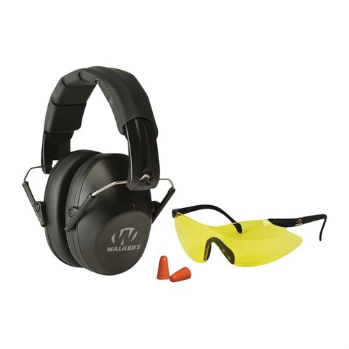 Il kit Walkers Pro Low-Profile unisce cuffie passive con padding morbido e occhiali sportivi in policarbonato, garantendo comfort e protezione per orecchie e occhi.