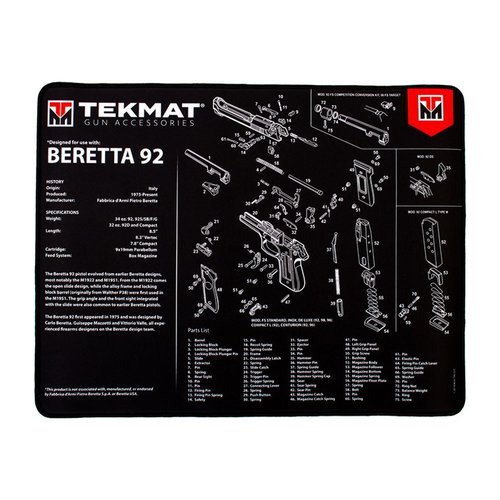 Il TekMat Ultra 20 per Beretta 92 è impermeabile, antigraffio e resistente a olio e sostanze chimiche, con schemi utili per smontare e rimontare la tua pistola.