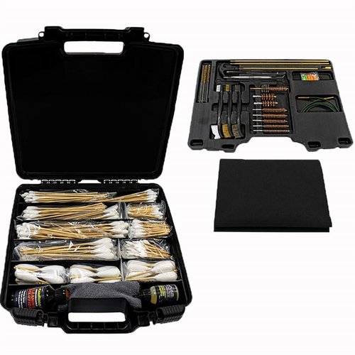 Il Professional Gun Cleaning Master Kit offre una pulizia completa per calibri da .22 a .75, con accessori professionali, soluzioni non tossiche e olio lubrificante.