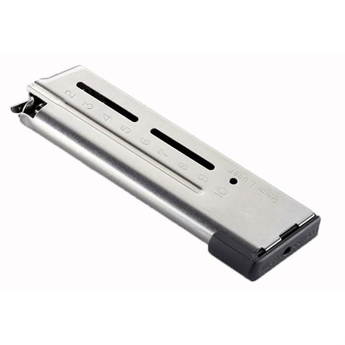 I caricatori Wilson Combat ETM 9mm 1911 offrono affidabilità eccezionale, caricamento facile, capacità di 9 o 10 colpi e struttura in acciaio inox resistente.