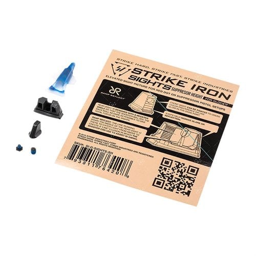 Il set di mirini Strike Iron per Glock offre altezza per co-witness con ottiche, migliorando la precisione grazie al design anti-riflesso e acciaio inox SUS630.