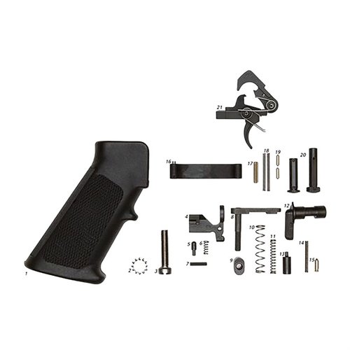 Kit completo di parti inferiori AR-15 con QMS Trigger, include tutti i componenti essenziali e disponibile con o senza impugnatura per personalizzare la tua arma.