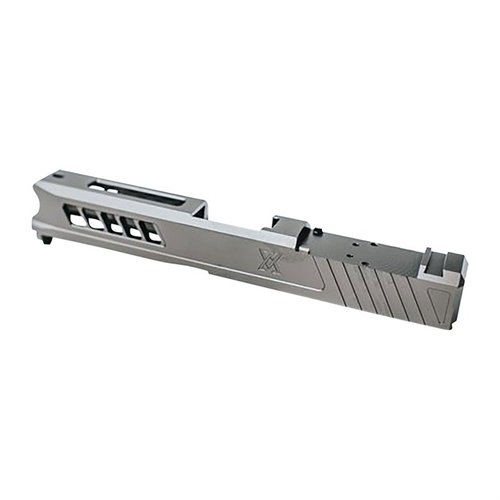 Slide Axiom per Glock 43/43X, realizzata in acciaio inox 17-4ph, compatibile con RMSc e Sig Romeo Zero, include cover plate e finitura Stealth Grey.