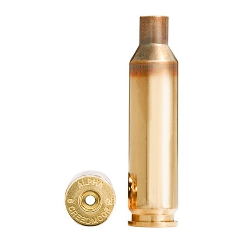 La cartuccia 6mm Creedmoor di Alpha Munitions offre una lunga durata grazie alla tecnologia OCD, disponibile con tasche per primer Large o Small in confezioni da 100.