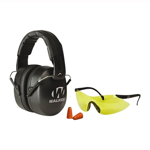Il kit combo EXT Safety include cuffie pieghevoli con NRR 34dB, occhiali sportivi con lenti in policarbonato e tappi in schiuma per la massima protezione.