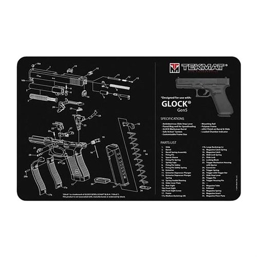 Il TEKMAT Pistol Gun Cleaning Mat per Glock Gen5 offre una protezione robusta, un diagramma dettagliato e una superficie antiscivolo per una pulizia sicura e facile.