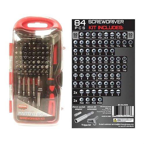 Il set di cacciaviti MASTER da 84 pezzi offre una vasta gamma di punte, tra cui Slotted, Philips, Pozidriv, Torx e Hex, ideale per ogni esigenza di riparazione.