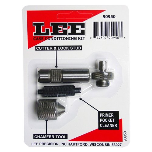 Il Lee Case Conditioning Kit include un cutter con lock stud, uno strumento di chamfer e un pulitore per fondelli, ideale per preparare la tua munizione per il ricarico.