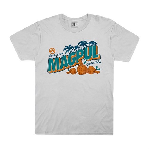 Indossa la t-shirt Magpul in cotone 100% con collo a giro e maniche set-in, resistente e comoda, disponibile in bianco e blu oceano, taglie fino a 3XL.