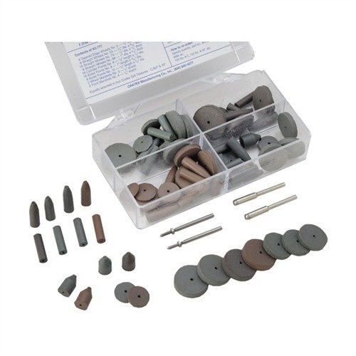 Kit di ruote abrasive preformate CRATEX, ideale per lucidare e levigare, include 80 ruote e punte in varie grane, con velocità massima di 25.000 rpm.