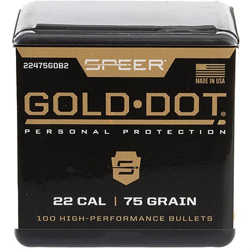 Le pallottole Speer Gold Dot 224-75-Gr offrono prestazioni superiori e affidabilità, ideali per la difesa personale e la caccia, confezione da 100.