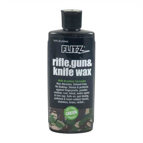 Il RIFLE, GUN & KNIFE WAX di FLITZ protegge armi e coltelli da ruggine e residui, con una finitura durevole fino a sei mesi in acqua dolce.