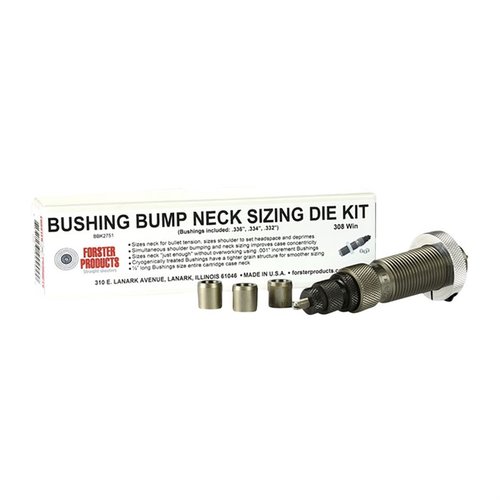 I kit di die Bushing Bump Neck Forster offrono un controllo preciso della tensione sulle munizioni, con die lucidati a mano e bussole selezionate per calibro.