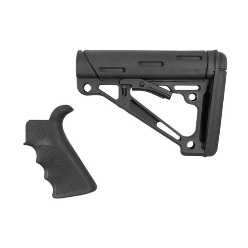 Il kit Hogue include un'impugnatura beavertail in gomma con scanalature per le dita e un calcio collassabile, offrendo comfort, stabilità e diverse opzioni di montaggio.